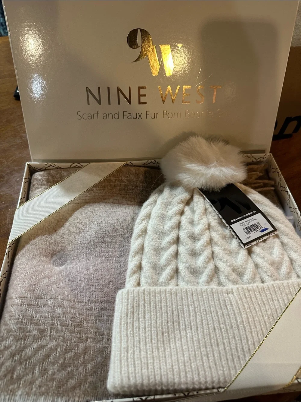 Nine West Cream Cable Knit Beanie with Faux Fur Pom